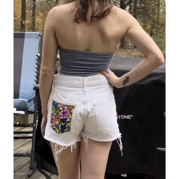 Upcycled High Rise Jean Shorts Reworked Grunge Concert Grateful Dead Bears S 25 - Picture 9 of 15